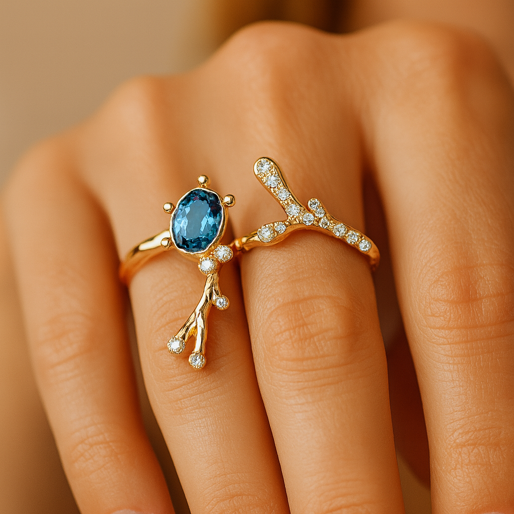 Aanura Blue Gemstone Branch Ring – Rose Gold Elegance
