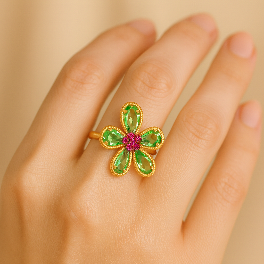 Aanura Silver-Tone Emerald Green Flower Statement Ring
