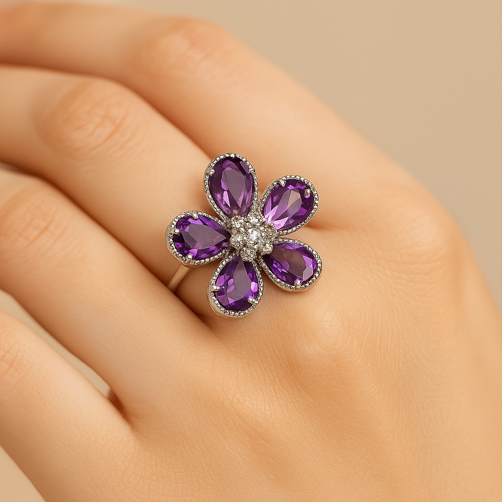 Aanura Silver-Tone Emerald Green Flower Statement Ring