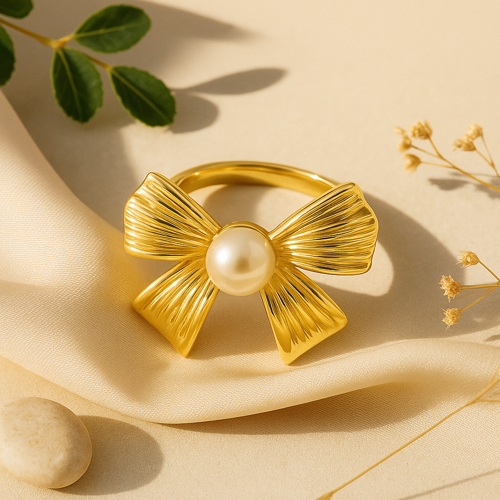 Aanura Gold-Plated Bow Ring with Lustrous Pearl
