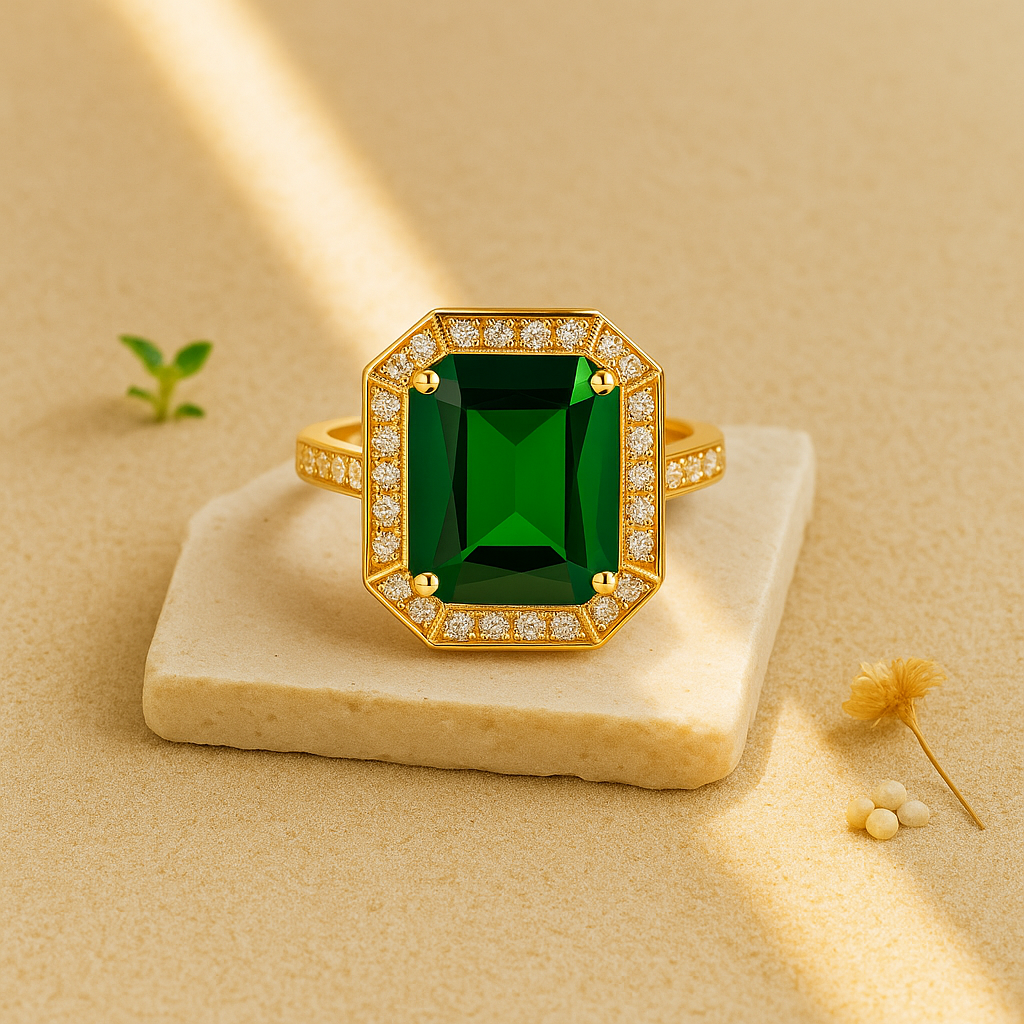 Aanura Emerald Green Gemstone & Diamond Halo Ring