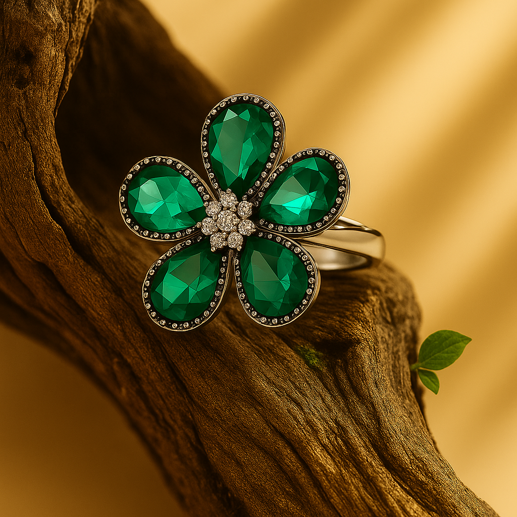 Aanura Silver-Tone Emerald Green Flower Statement Ring