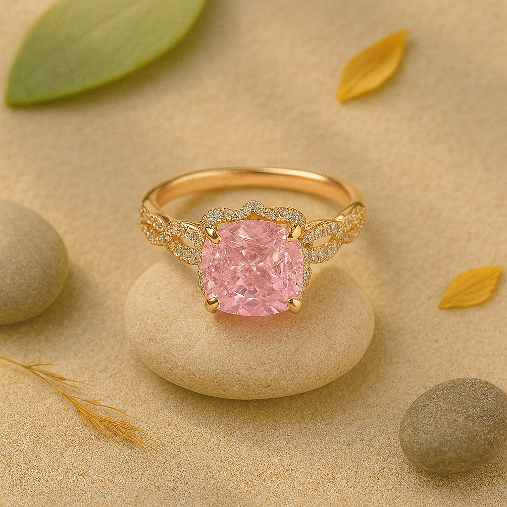 Aanura Pink Cushion Cut Gold Ring – Elegant Infinity Design