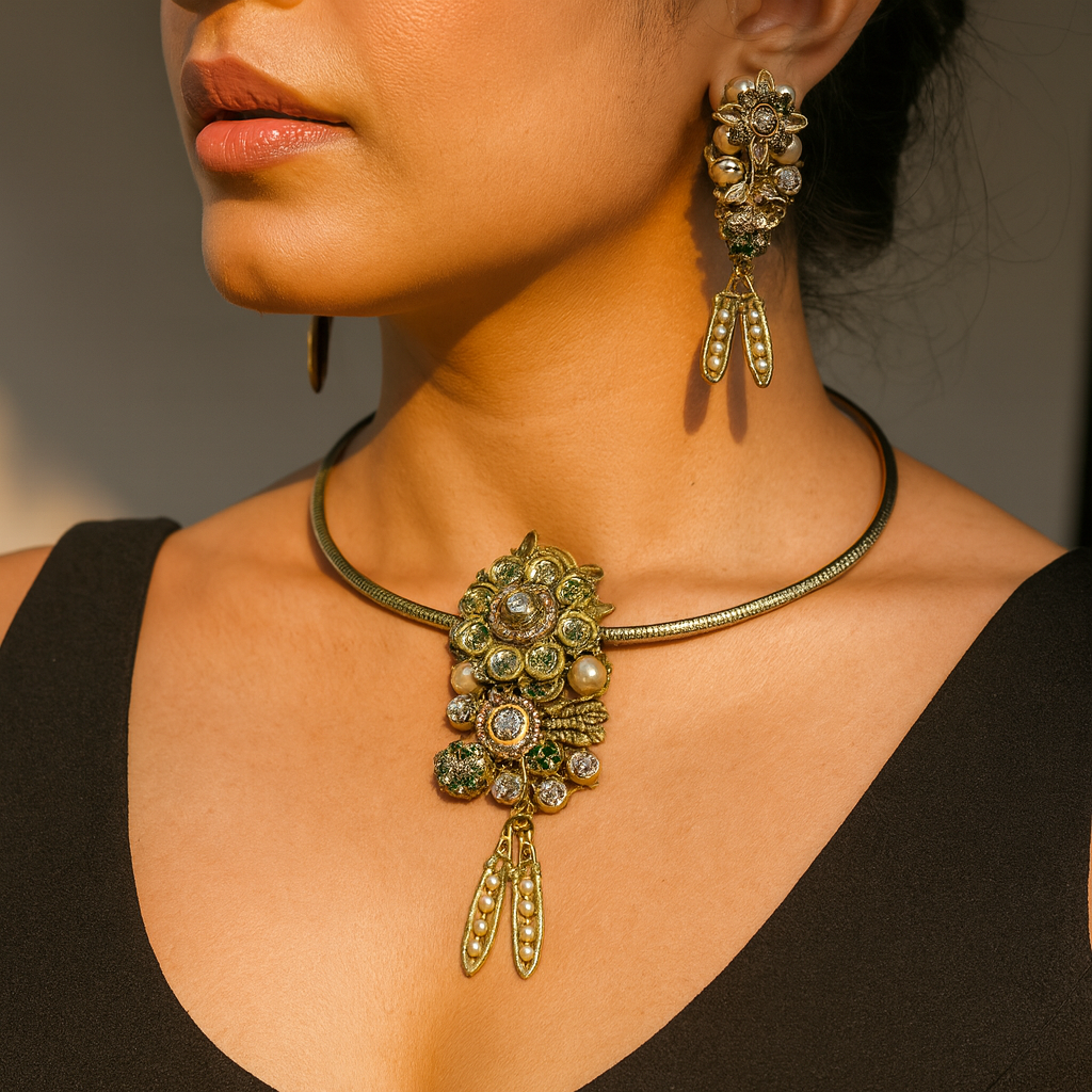 Aanura Antique Floral Pendant Necklace with Pearls