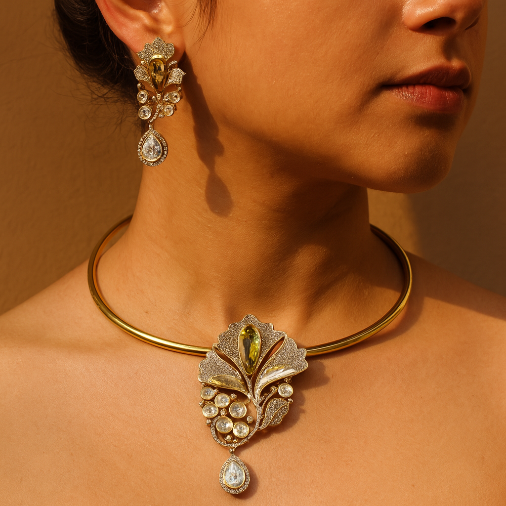 Aanura Red Stone Floral Choker Necklace with Earrings