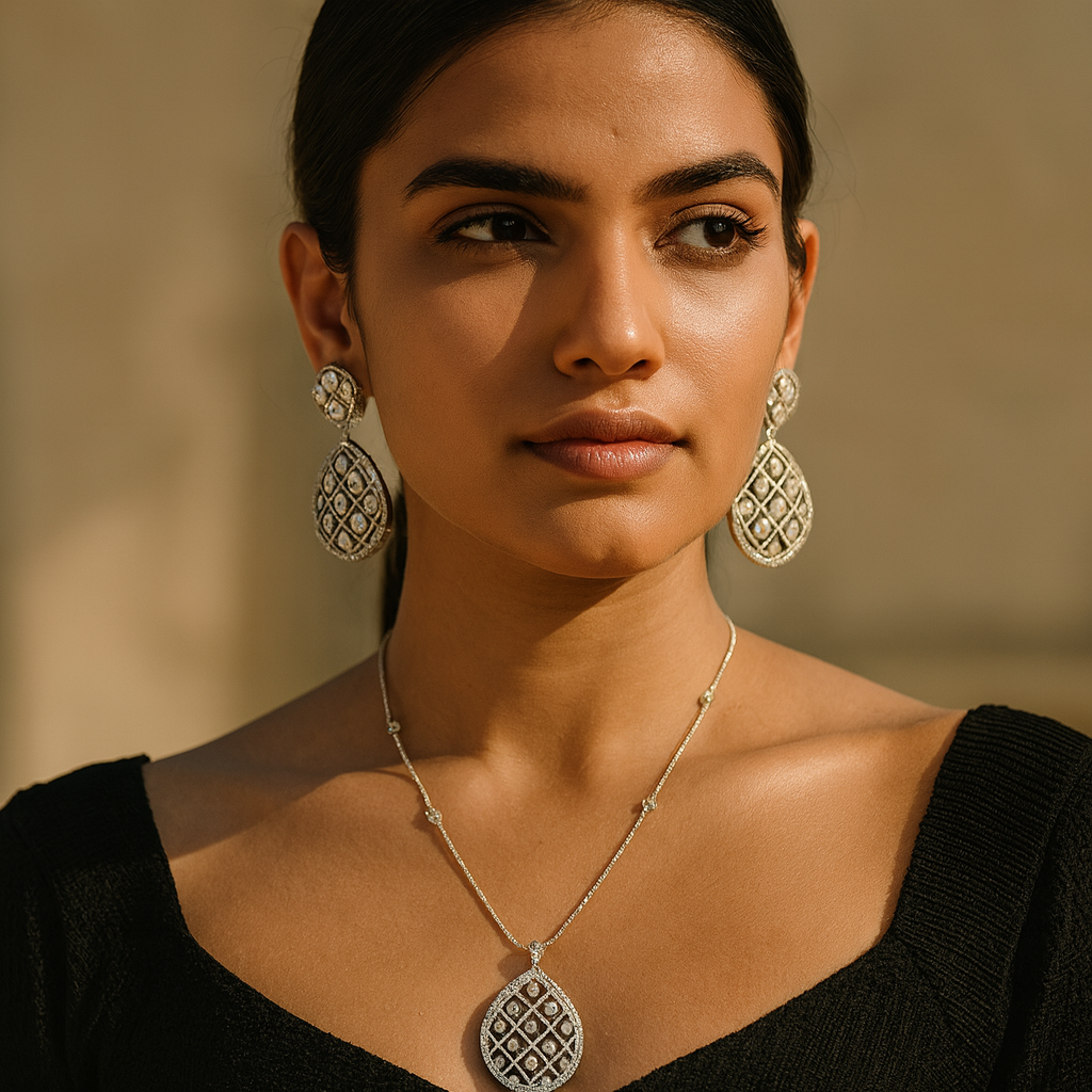 Aanura Black Stone Long Pendant Necklace with Earrings
