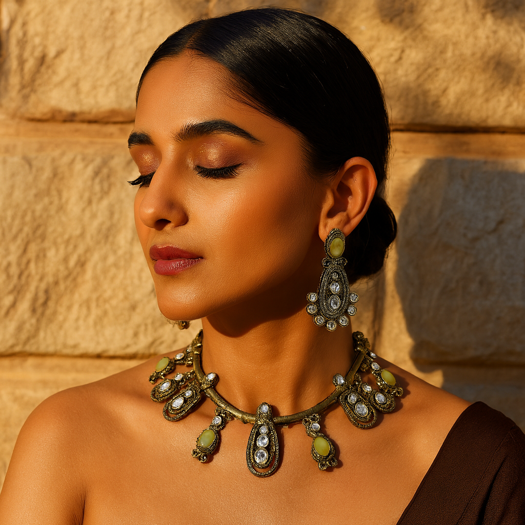 Aanura Kundan Necklace with Olive Green Stone Drops