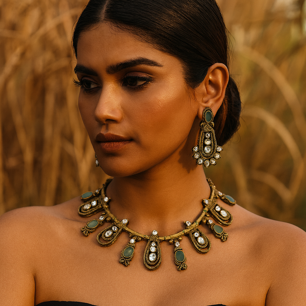 Aanura Kundan Necklace with Olive Green Stone Drops