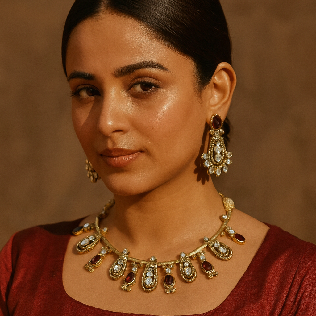 Aanura Kundan Necklace with Olive Green Stone Drops