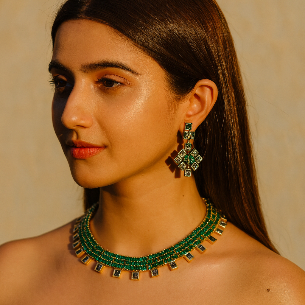 Aanura Green Beaded Choker Necklace Set with Earrings