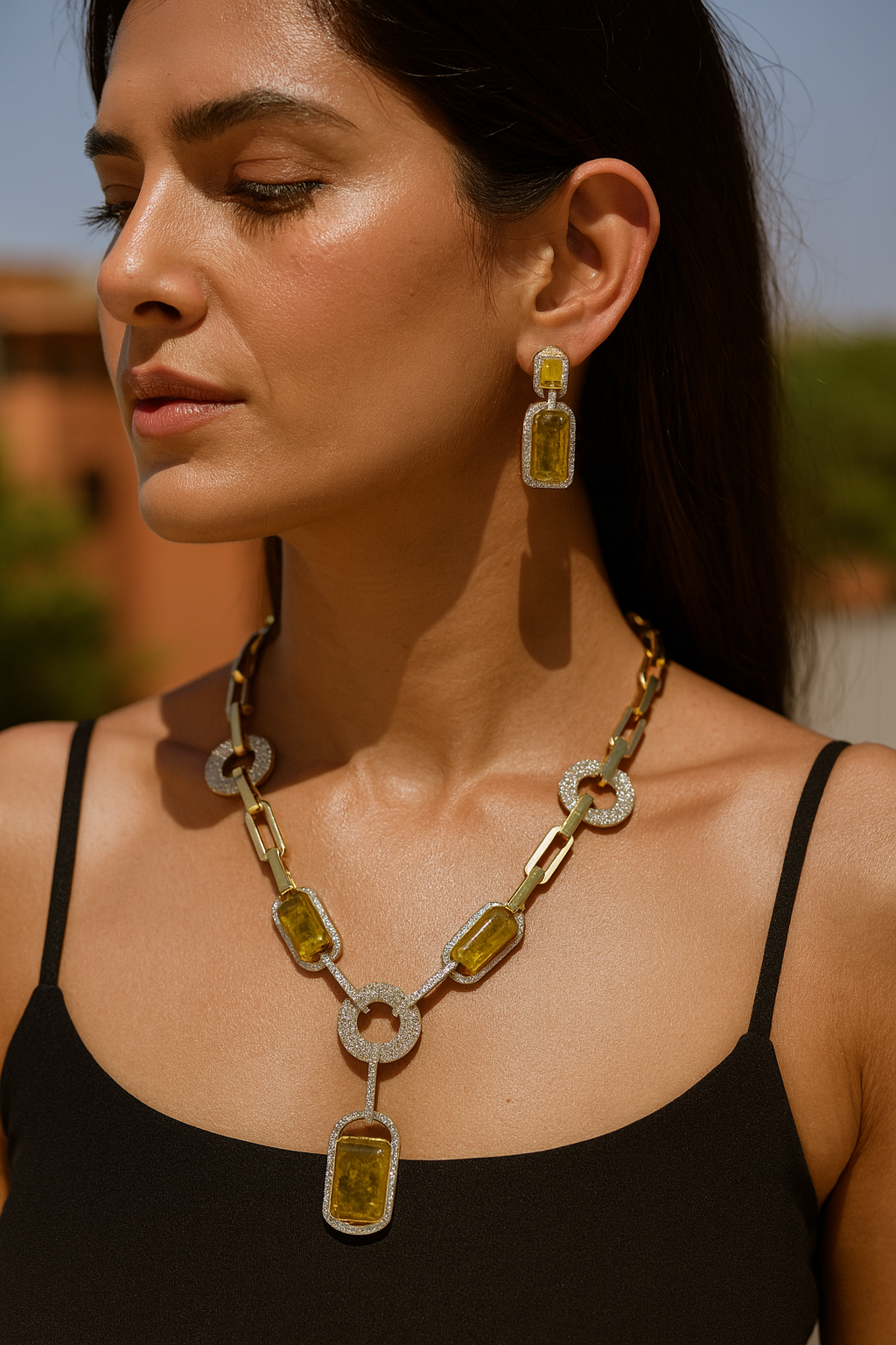 Aanura Yellow Stone Modern Necklace Set with Earrings