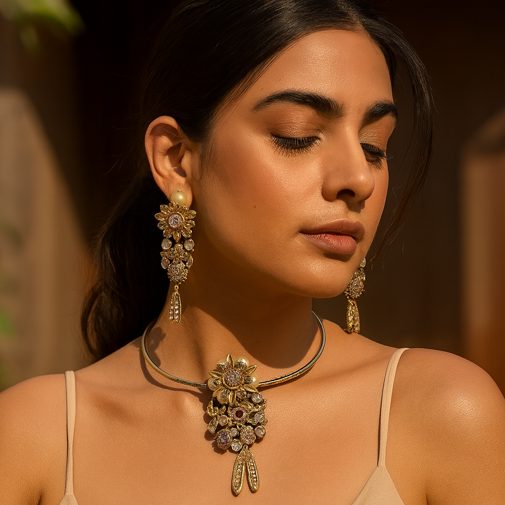 Aanura Antique Floral Pendant Necklace with Pearls