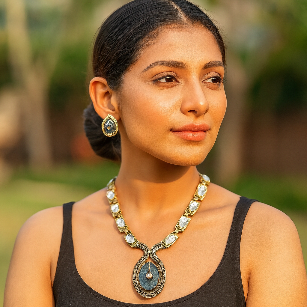 Aanura Long Kundan Necklace with Pink Pendant Design