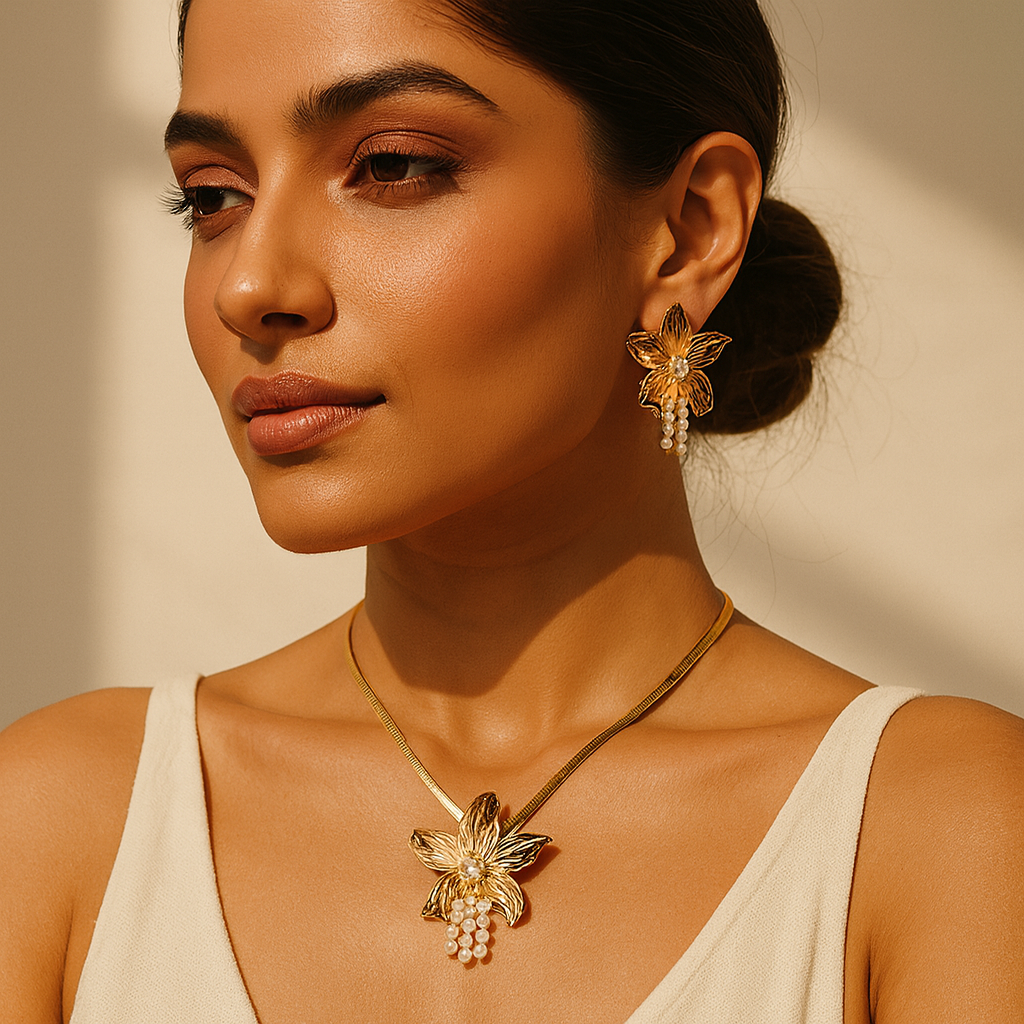 Aanura Orchid Gold Necklace & Earrings Set
