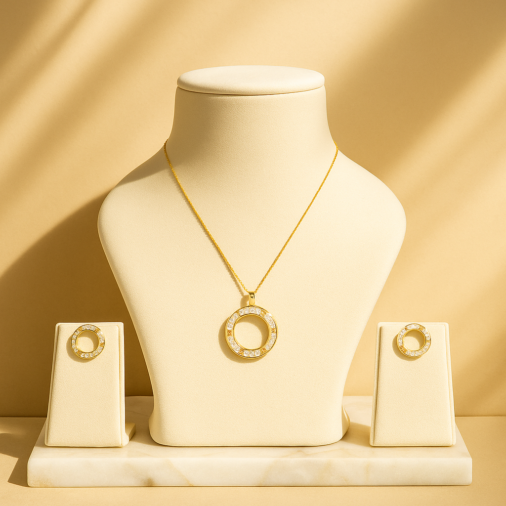 Golden Crystal Circle Necklace & Earrings Set
