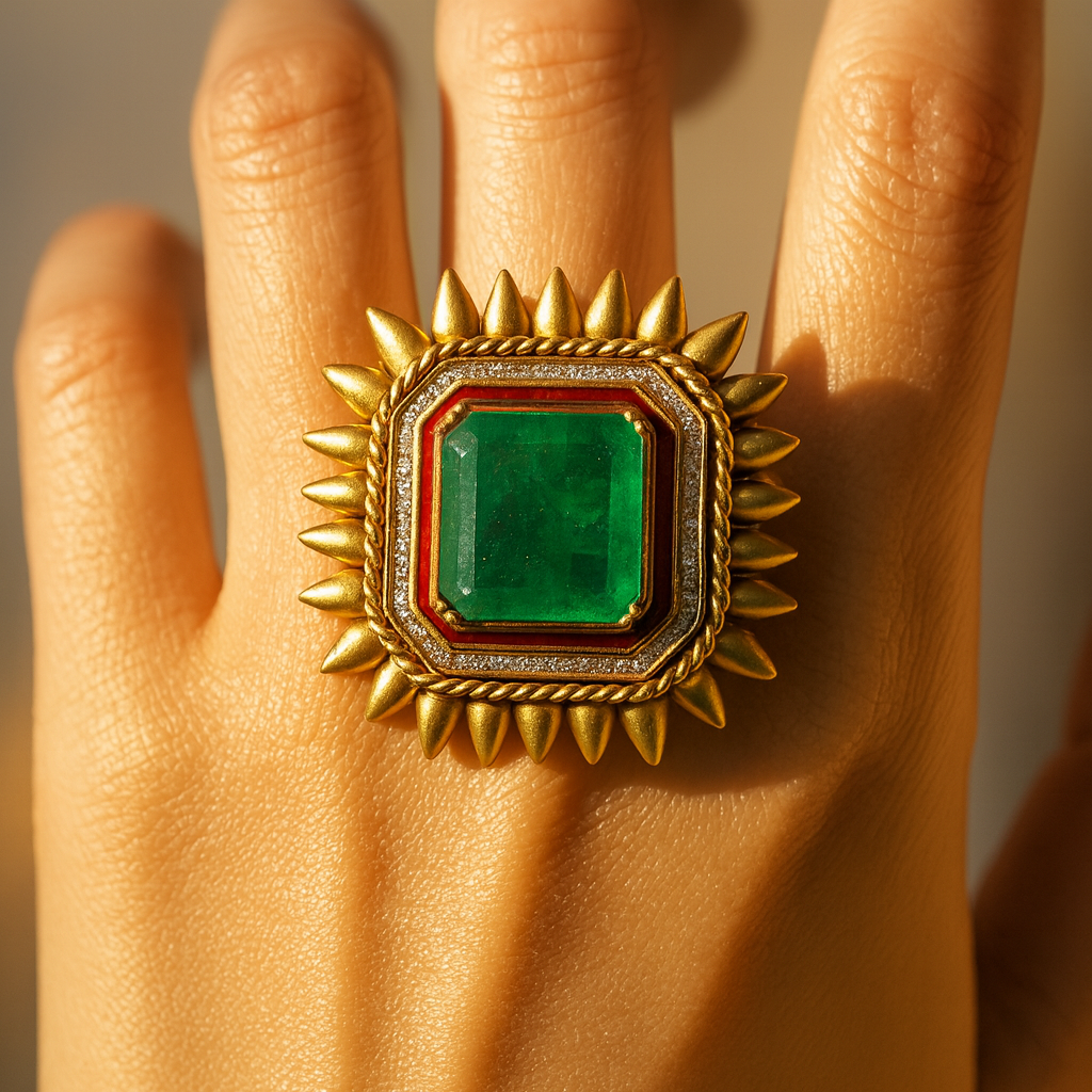 Aanura Gold-Plated Square Green Stone Statement Ring