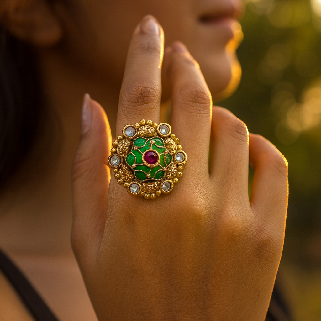Aanura Gold-Plated Round Ruby & Green Floral Ring