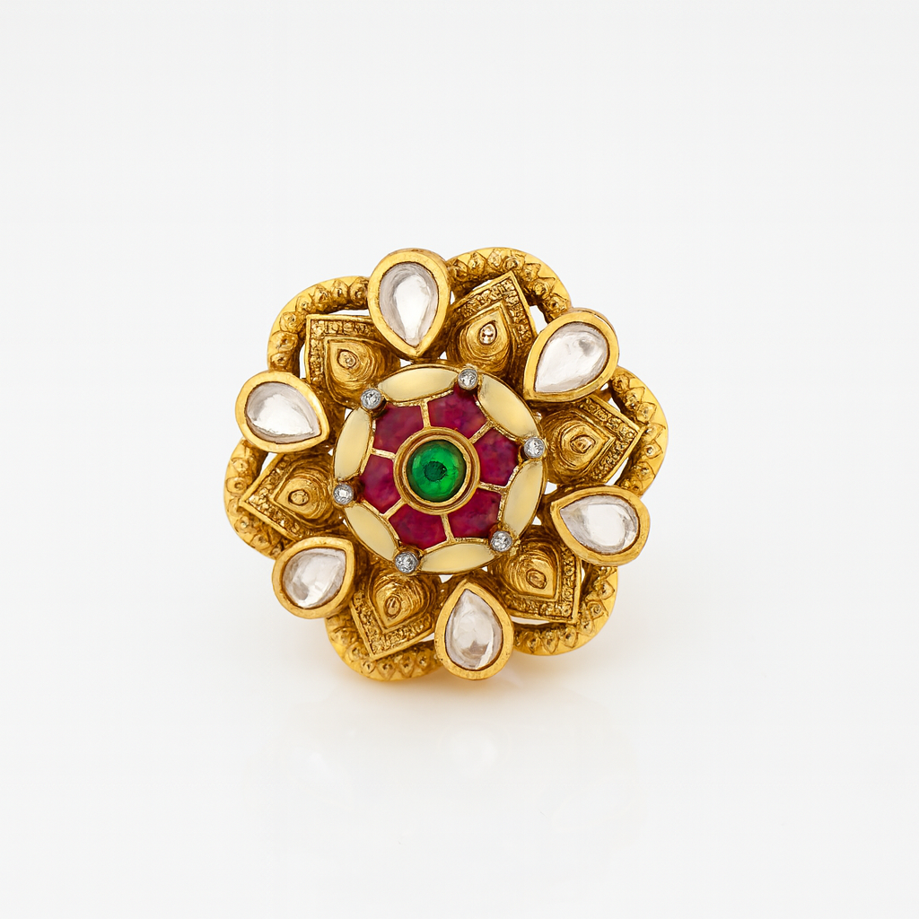Aanura Gold-Plated Floral Kundan Green Ruby Ring