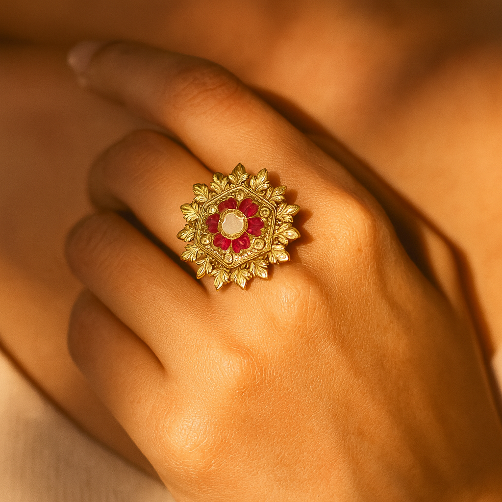 Aanura Gold-Plated Hexagon Green Floral Ring