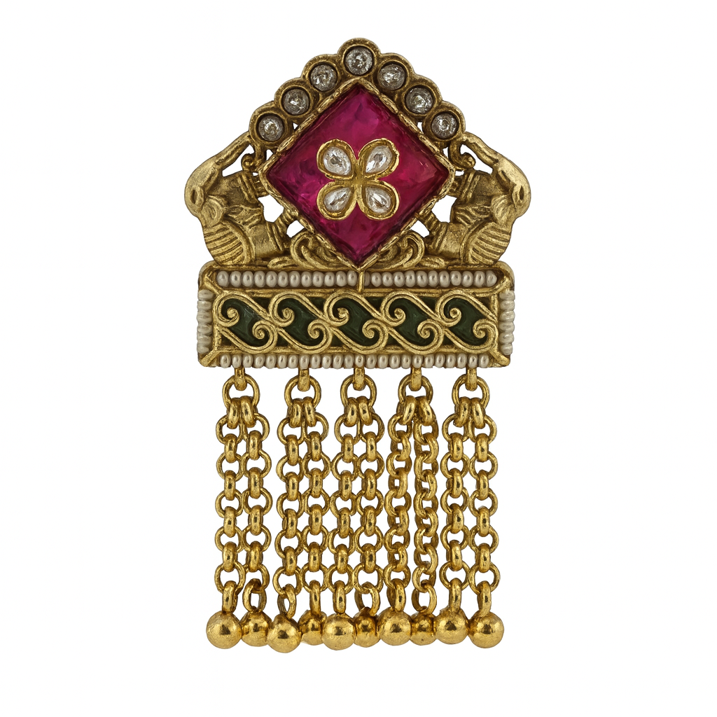 Aanura Gold-Plated Green Kundan Tassel Ring