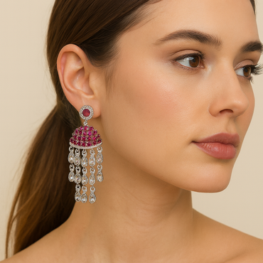 Aanura Red Dome Tassel Jhumka-Style Earrings