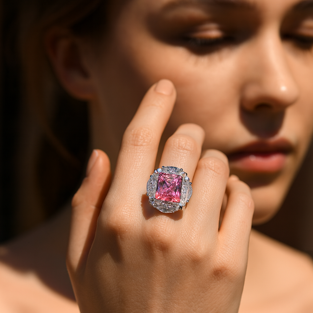 Aanura Silver Ruby-Red Emerald-Cut Cocktail Ring