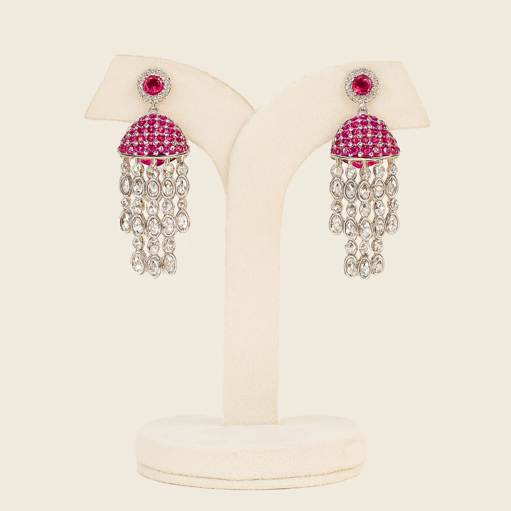 Aanura Red Dome Tassel Jhumka-Style Earrings