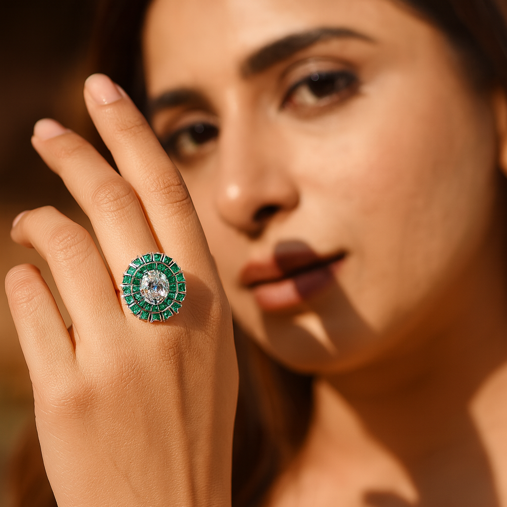 Aanura Silver Emerald Baguette Band Statement Ring