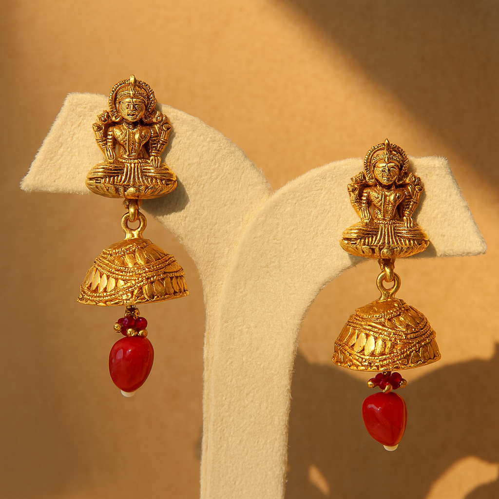 Aanura Temple Earrings with Red Stone Drop