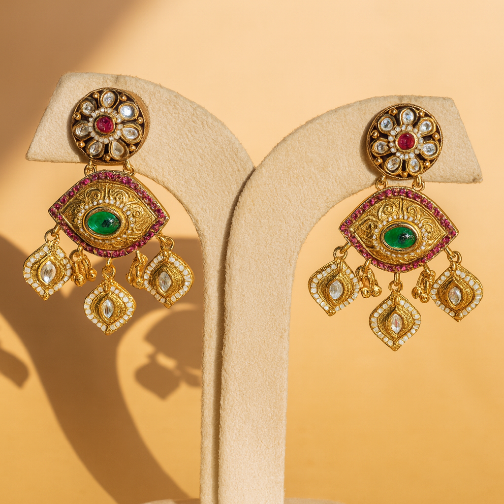 Aanura Gold-Plated Green Ruby Floral Drop Earrings