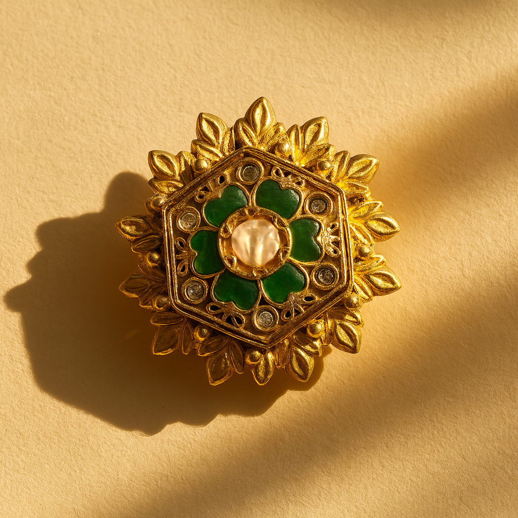 Aanura Gold-Plated Hexagon Green Floral Ring