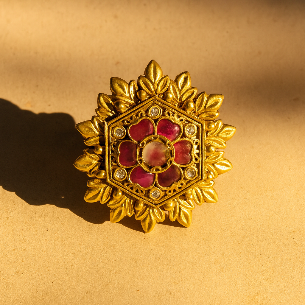 Aanura Gold-Plated Hexagon Green Floral Ring