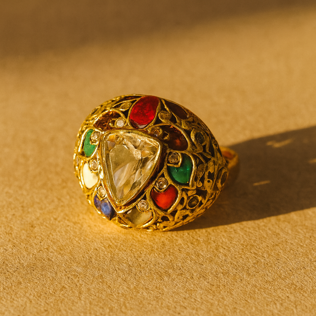 Aanura Gold-Plated Navratna Heritage Statement Ring