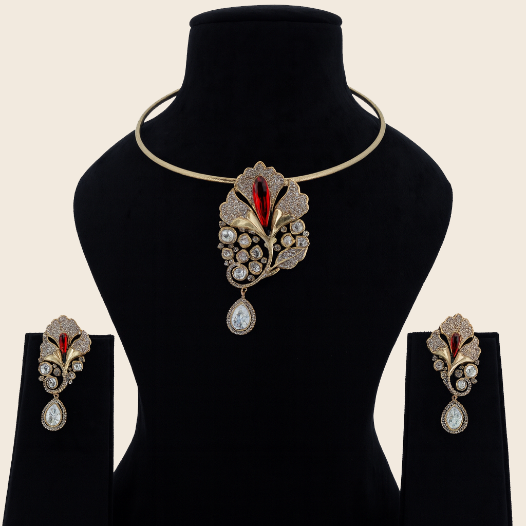 Aanura Red Stone Floral Choker Necklace with Earrings