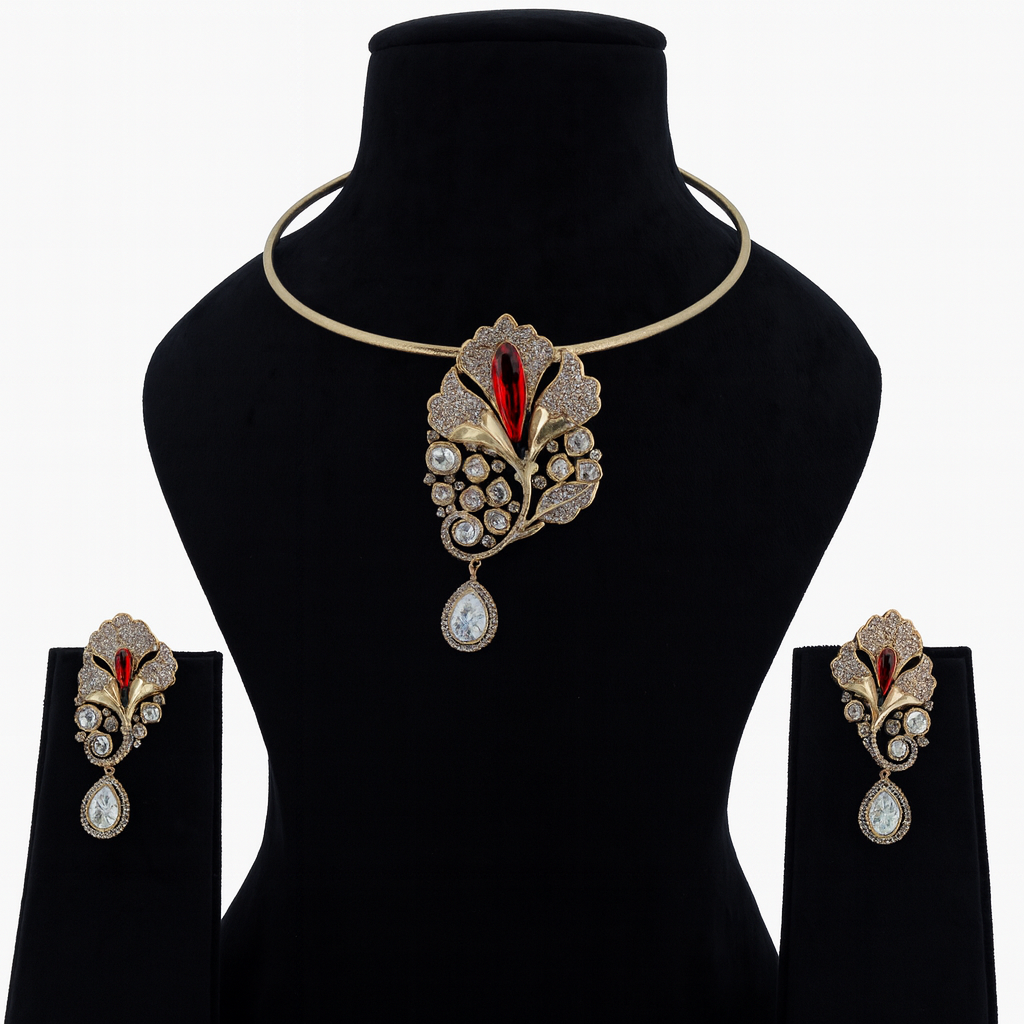 Aanura Red Stone Floral Choker Necklace with Earrings