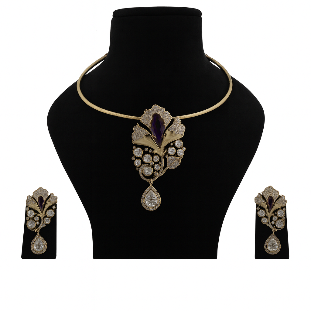 Aanura Red Stone Floral Choker Necklace with Earrings