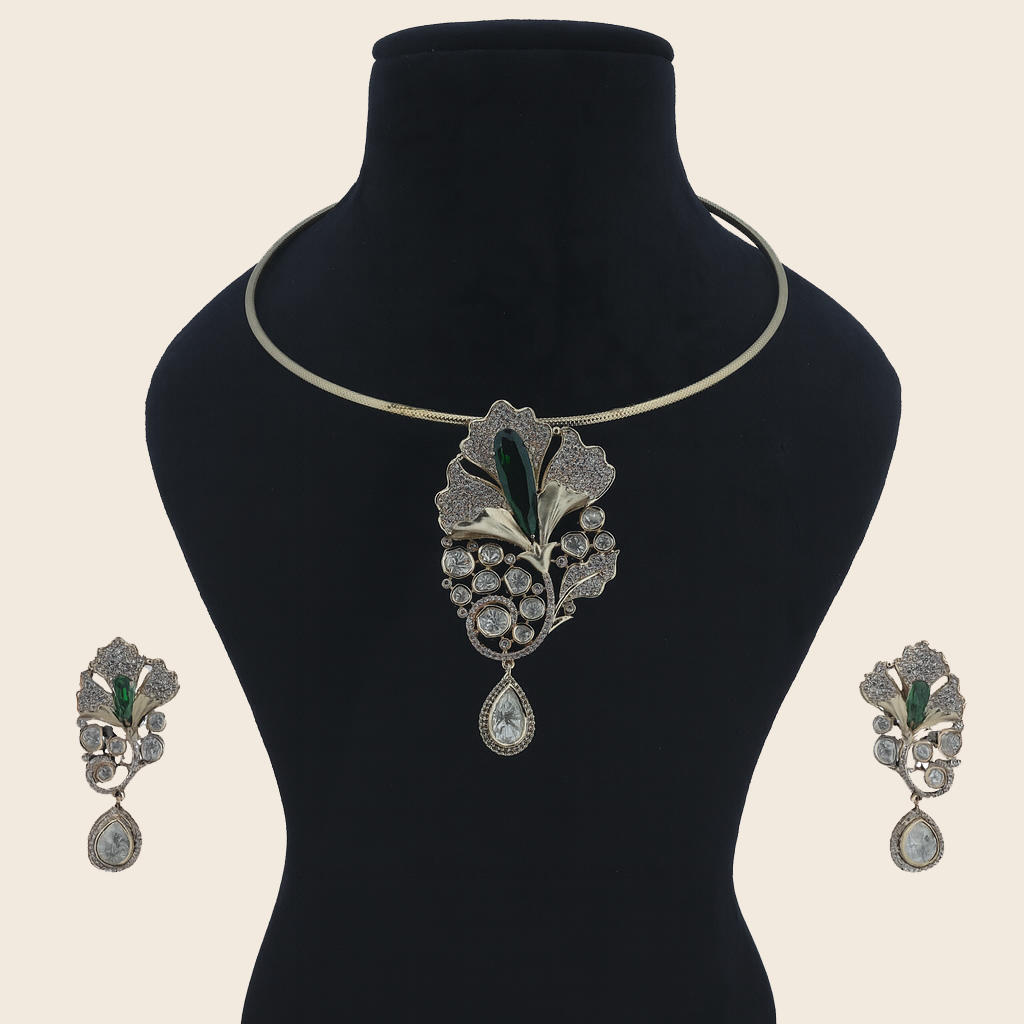 Aanura Red Stone Floral Choker Necklace with Earrings