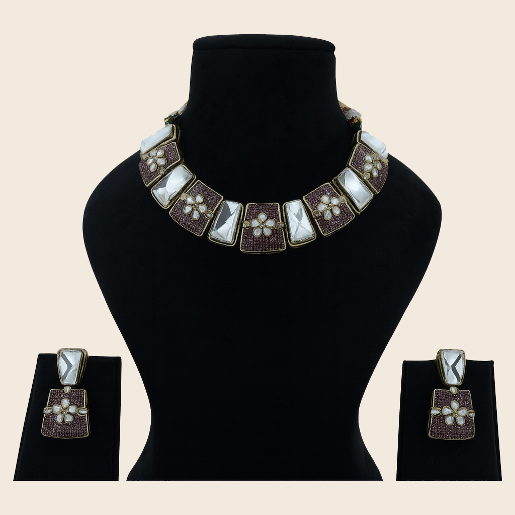 Aanura Bold Kundan Block Necklace Set with Earrings