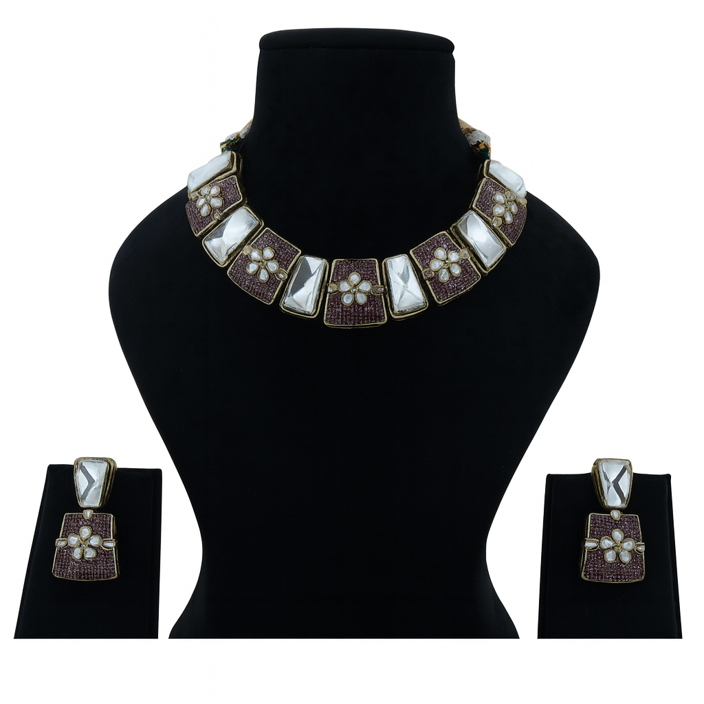 Aanura Bold Kundan Block Necklace Set with Earrings