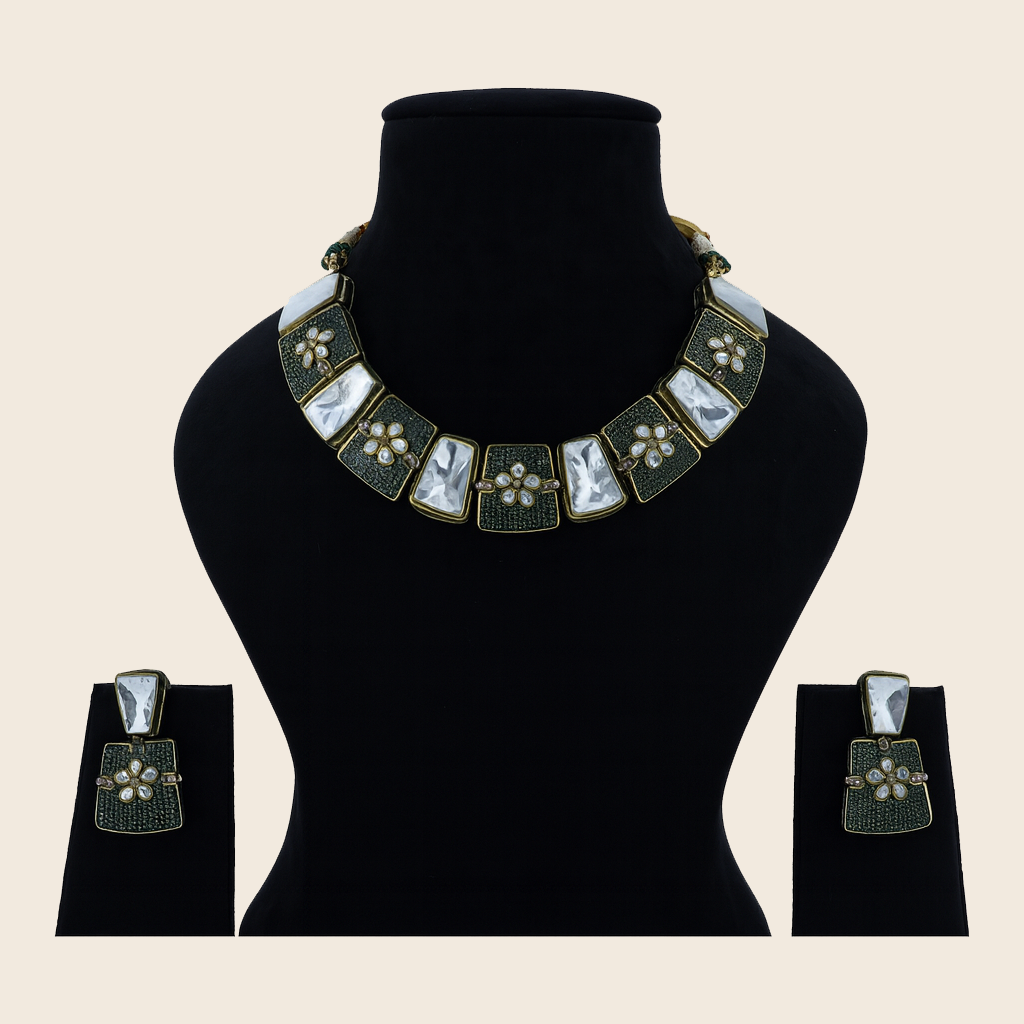 Aanura Bold Kundan Block Necklace Set with Earrings