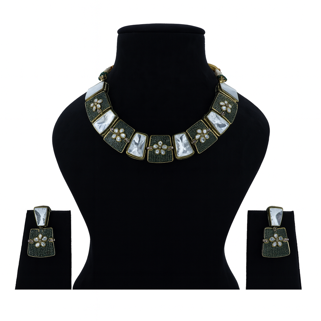Aanura Bold Kundan Block Necklace Set with Earrings