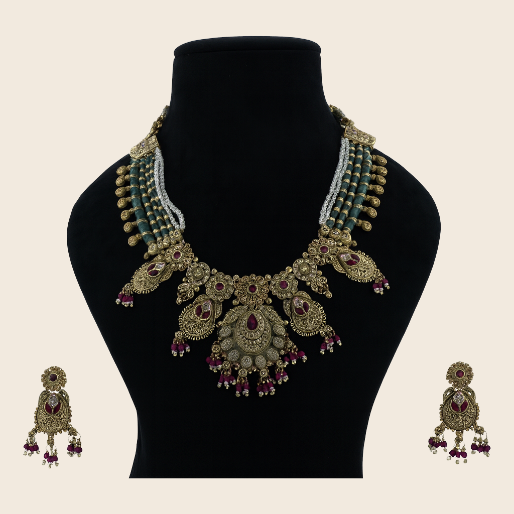 Aanura Temple Bridal Necklace with Ruby & Bead Strands