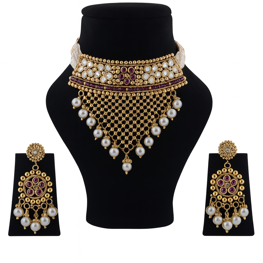 Aanura Pearl Bridal Choker Necklace with Ruby Motifs