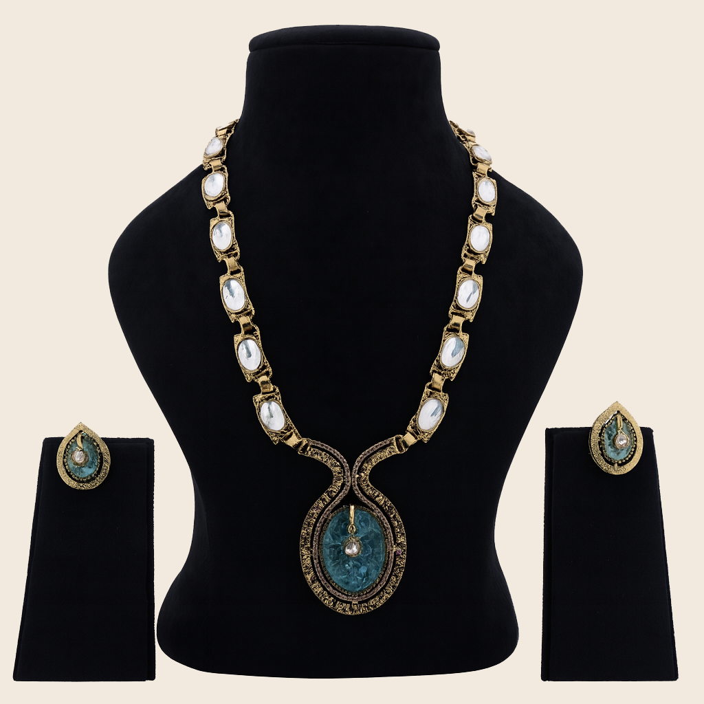 Aanura Long Kundan Necklace with Pink Pendant Design