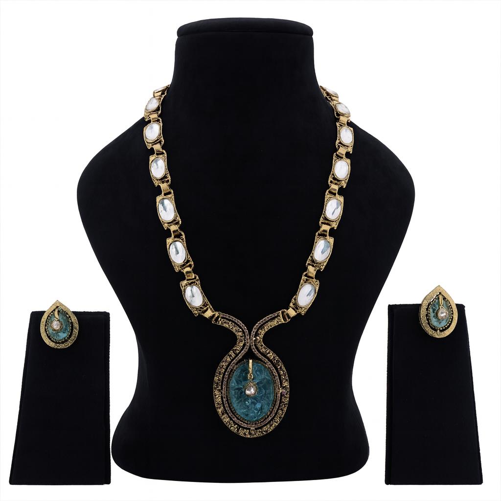 Aanura Long Kundan Necklace with Pink Pendant Design