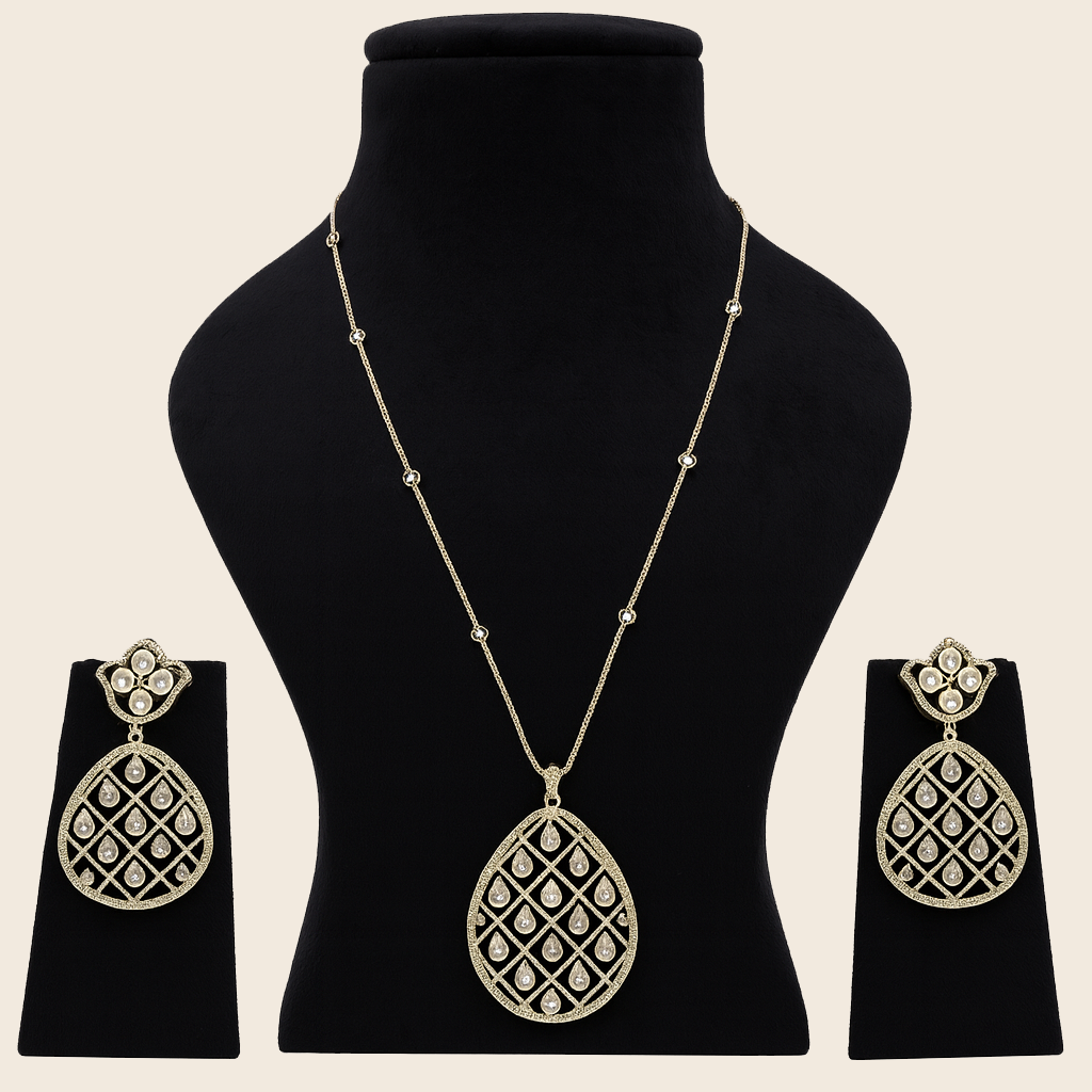 Aanura Black Stone Long Pendant Necklace with Earrings
