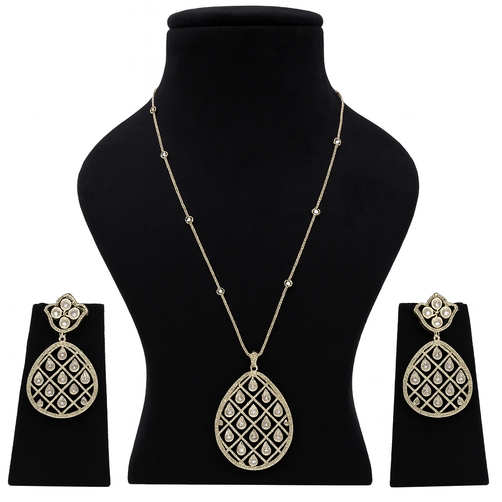 Aanura Black Stone Long Pendant Necklace with Earrings