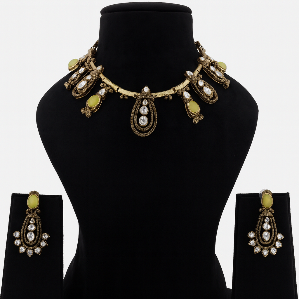Aanura Kundan Necklace with Olive Green Stone Drops