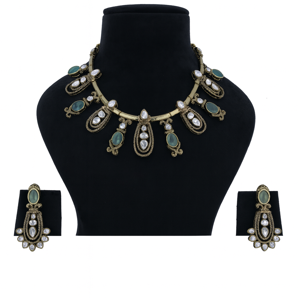 Aanura Kundan Necklace with Olive Green Stone Drops