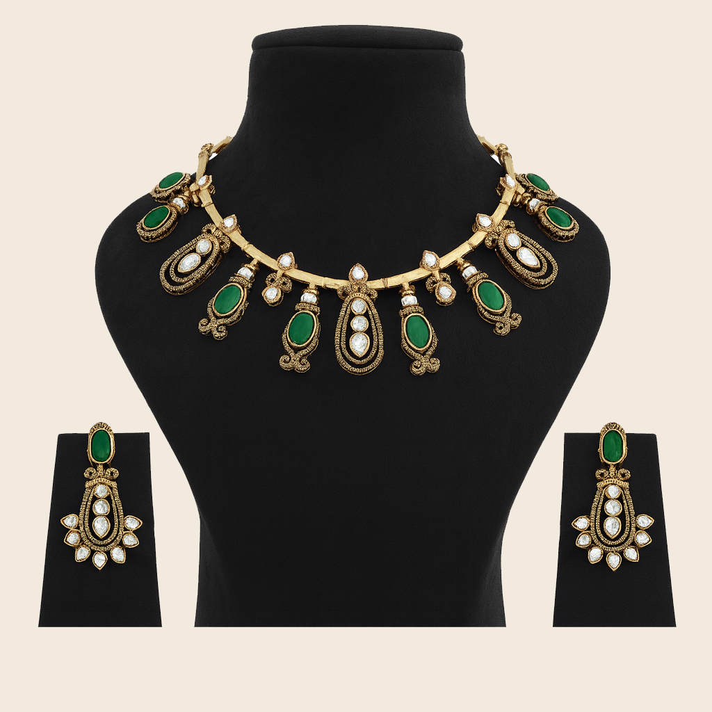 Aanura Kundan Necklace with Olive Green Stone Drops